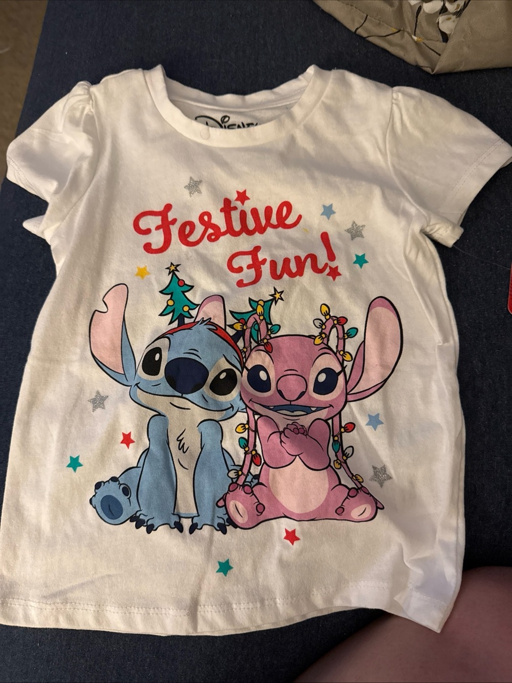 Disney White Tee with Blue & Pink Lilo & Stitch Holiday Print